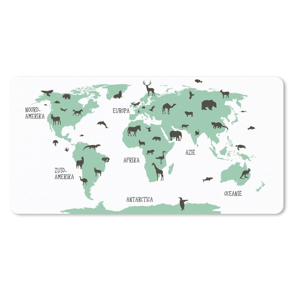 MuchoWow Schreibtischunterlage Weltkarte Kinder - Tiere - Grün 80x40 cm - XXL Mauspad - Gaming Mauspad