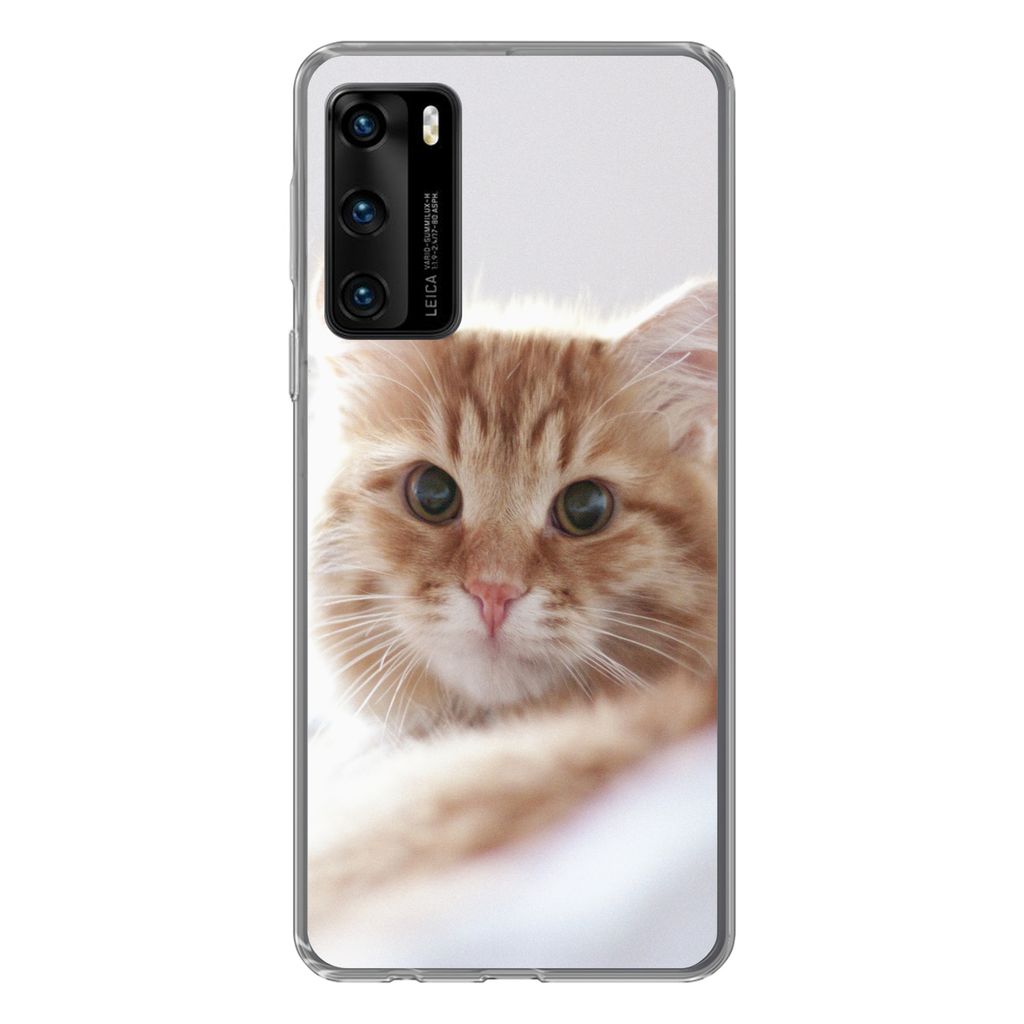 MuchoWow Handyhülle Schutzhülle Hülle für Huawei P40 Katze - Rot - Bett - Mädchen - Kinder - Jungen Silikon Softcase Handy Hülle - Handytasche