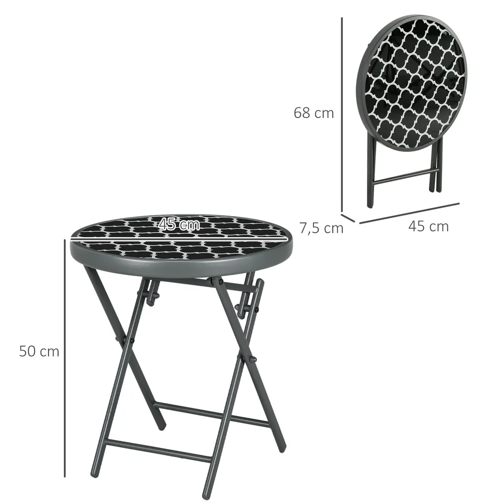 Table d'appoint pliable Outsunny 45 cm, plateau en verre trempé noir