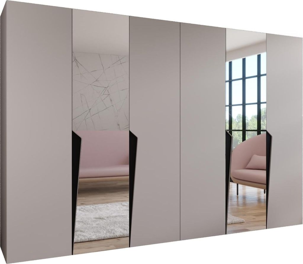 MEBLE KRYSPOL Schrank 300x202x52 cm mit Kleiderstange & Spiegel, 6xTür, PIANO, Kaschmir, Griff Schwarz