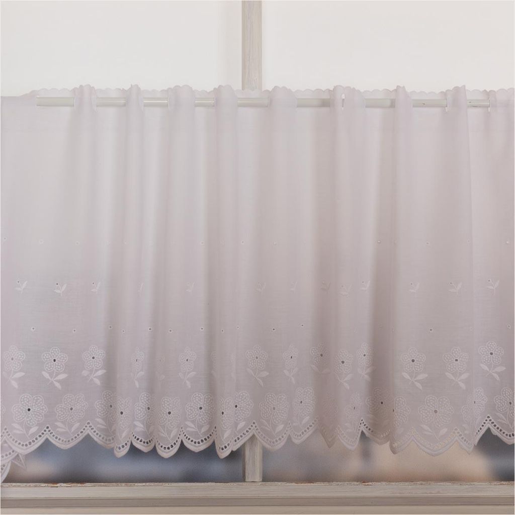 Scheibengardinen Meterware Batist Stickerei Blumen weiß 47cm Höhe