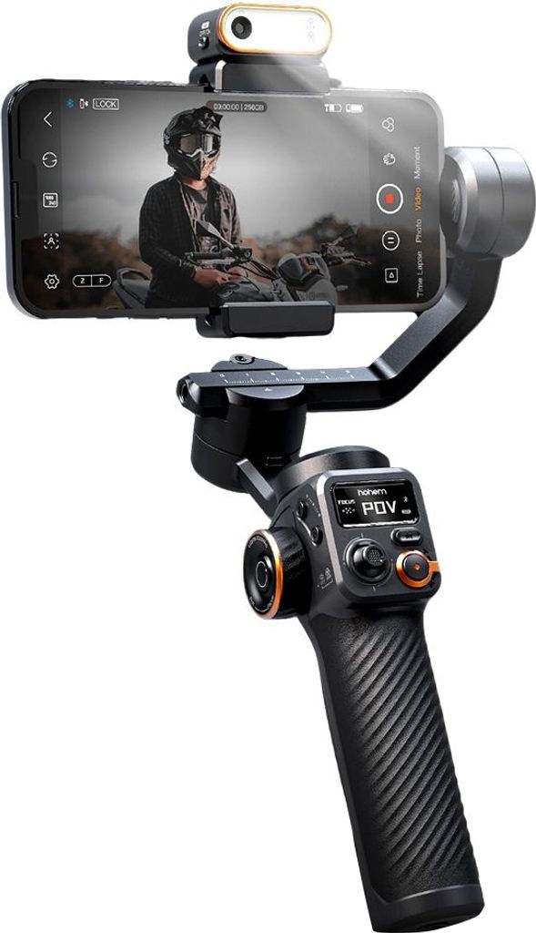 A smartphone gimbal stabilizer with a phone attached, displaying a video feed.