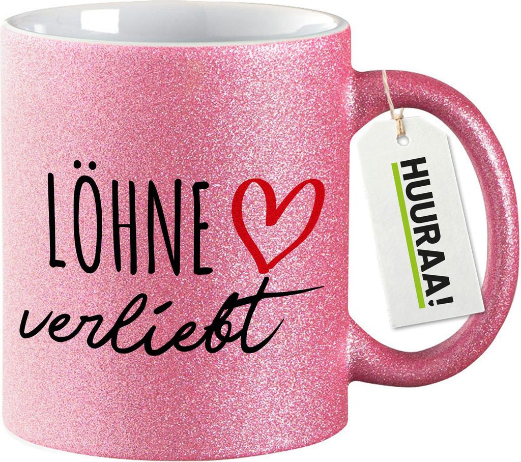 Huuraa Glitzertasse Löhne verliebt 330ml Pink Keramik Kaffeebecher Geschenkidee