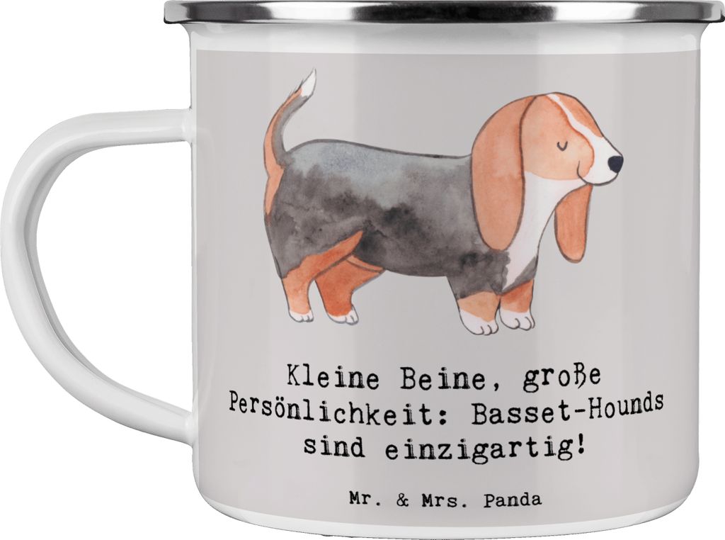 Mr. & Mrs. Panda Emaille Tasse Basset Hound Persönlichkeit - Grau Pastell - Geschenk, Hunderassen Beschreibung, lange Ohren, Becher, Hunderasse, c...