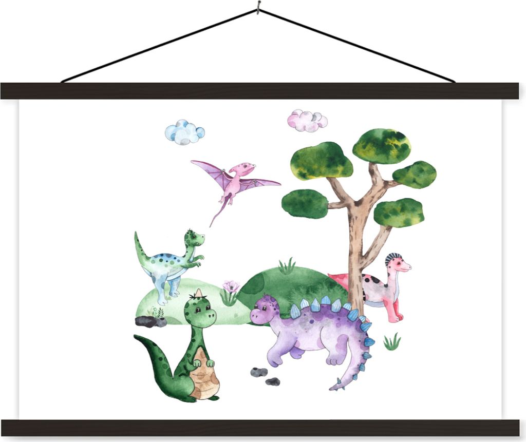 MuchoWow Textilposter Kinderzimmer - Farben - Dinosaurier - Jungen - Mädchen - Kinder 60x40 cm mit schwarzem Rahmen - Hölzernes
