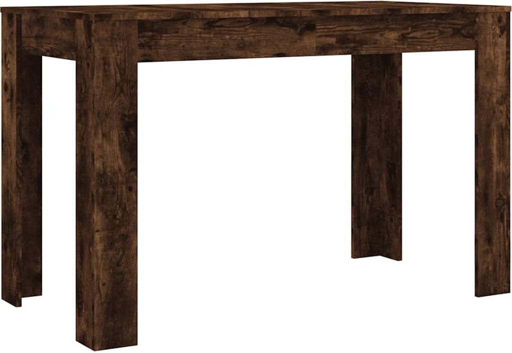 A dark brown wooden table with four legs, shown from the front against a white background.