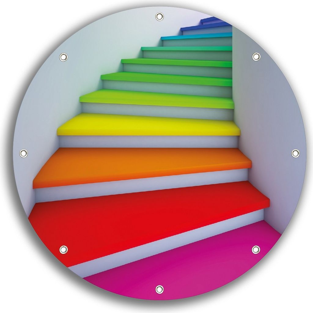 Wallario rundes Outdoor-Poster für Garten oder Balkon, Motiv Bunte Treppe, 30 cm Durchmesser