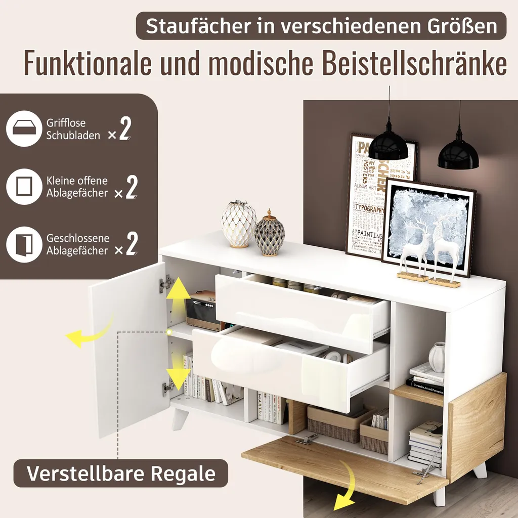 Buffet de Rangement Gain de Place Blanc et Bois - Commode Moderne Merax 130