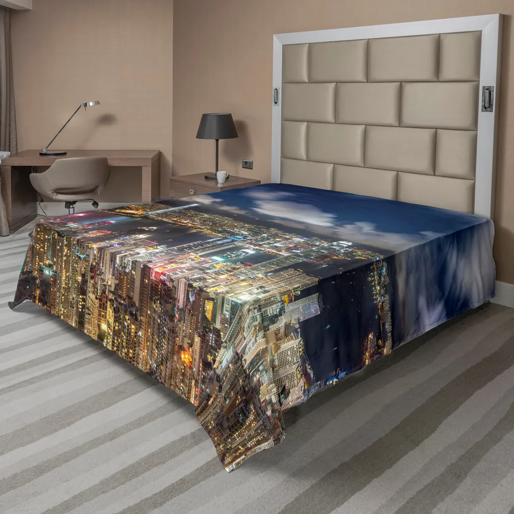 ABAKUHAUS Vista della città Lenzuolo, vista notturna Hong Kong Victoria Harbour Business Distretto finanziario Panorama urbano Stampa, lenzuolo superiore morbido e confortevole per un letto decorativo 1 pezzo 266 cm x 260 cm, bianco