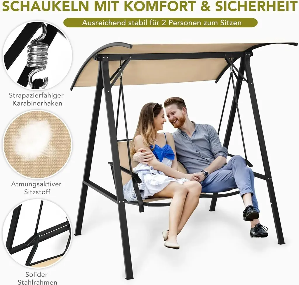 Balançoire de jardin avec toit ajustable et banc 2 places beige chic - 5