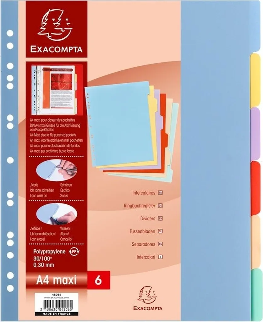 Intercalaires A4 Maxi Blanc PP 6 Trous pour Classeurs - 25 Pièces