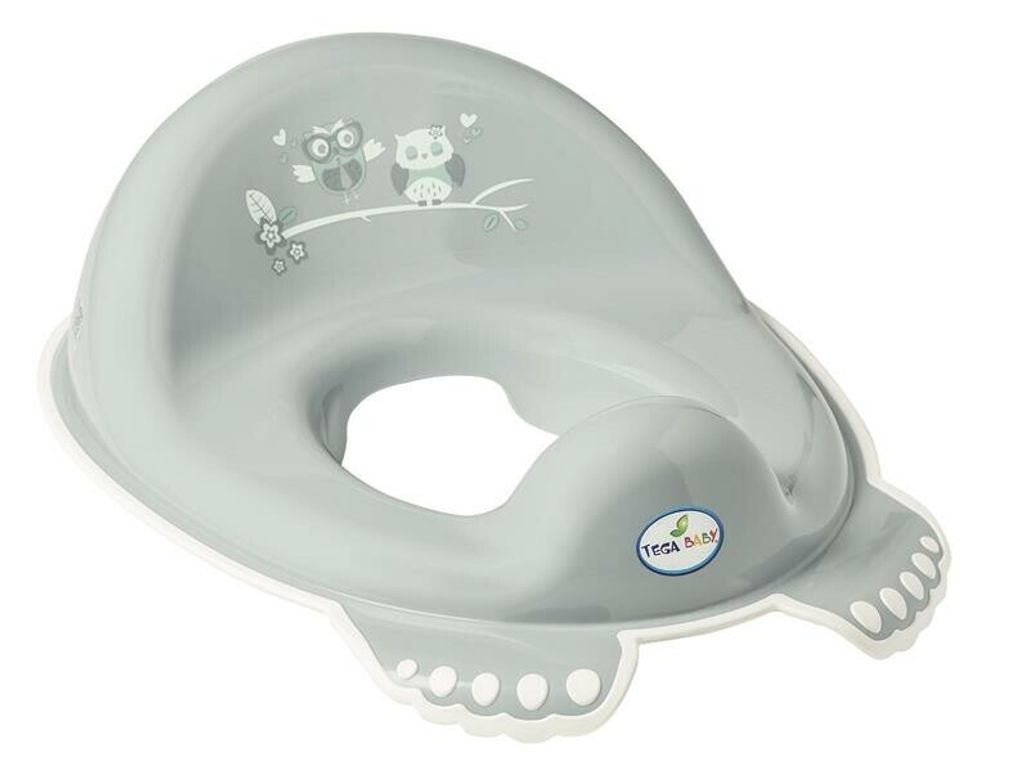 A gray baby toilet seat with owl graphics.