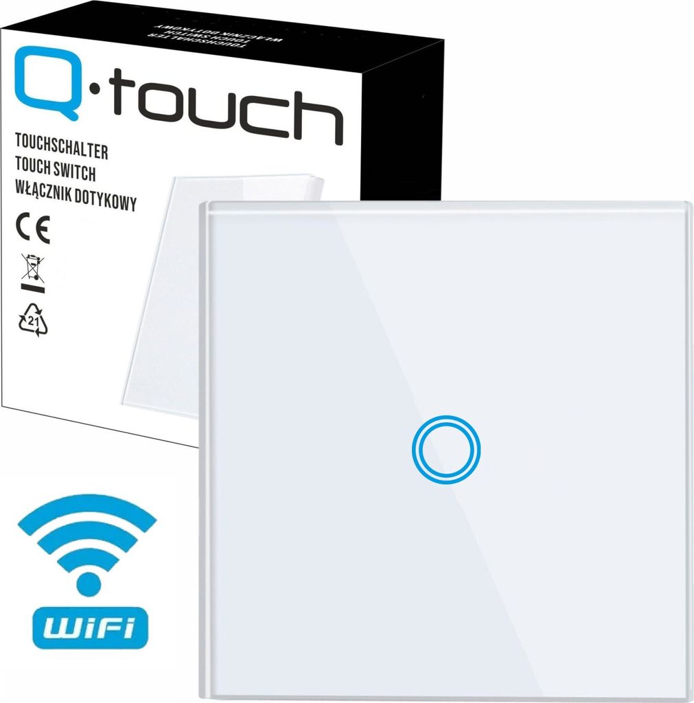 Glas Touch Lichtschalter Wandschalter WIFI 1-Fach Schalter LED weiß mit WLAN und Fernbedienungsfunktion
