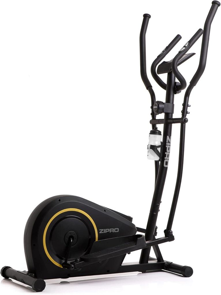 A black elliptical trainer with yellow accents, shown in a studio setting against a white background.