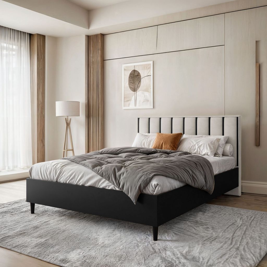 Polsterbett STELLA 160x200cm - Designerbett mit Bettkasten & Lattenrost - Schwarz & Hellbeige (Jasmine 21)