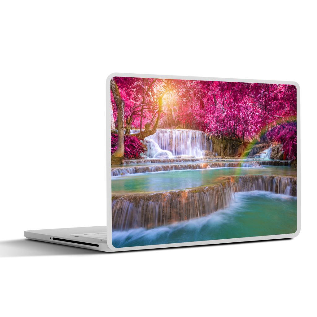 MuchoWow Laptop Aufkleber Sticker Cover Wasserfall - Regenbogen - Bäume - Rosa - Natur 32.5x23.5 cm - Sticker für Laptop - Selbstklebend