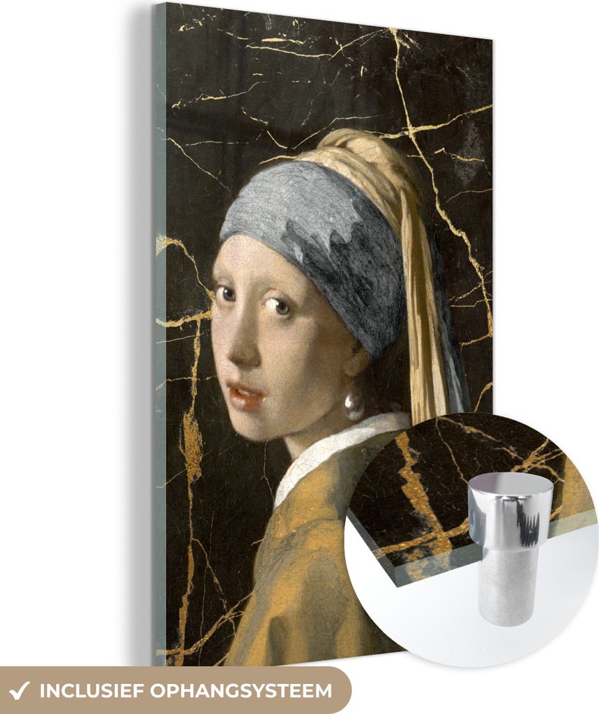 MuchoWow Glasbilder - Bilder auf Wandbild - Foto auf Glas Mädchen mit einem Perlenohrring - Johannes Vermeer - Gold 80x120 cm Wanddekoration aus G...