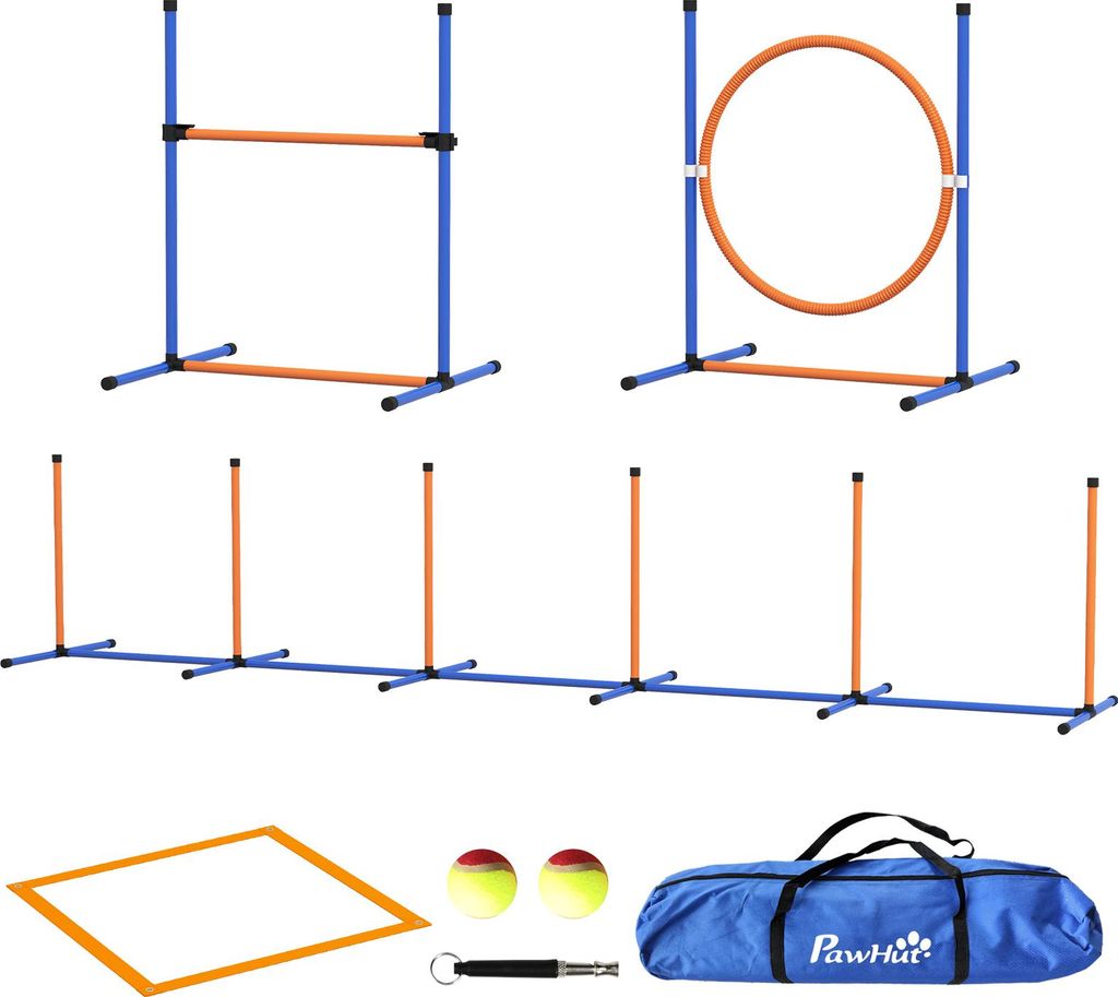 Hunde-Agiliy-Set Hundeparcours, 1 Reifen, 1 Hürde, 1 Slalom-Set, 352 cm x 66 cm x 69 cm, Blau + Rot