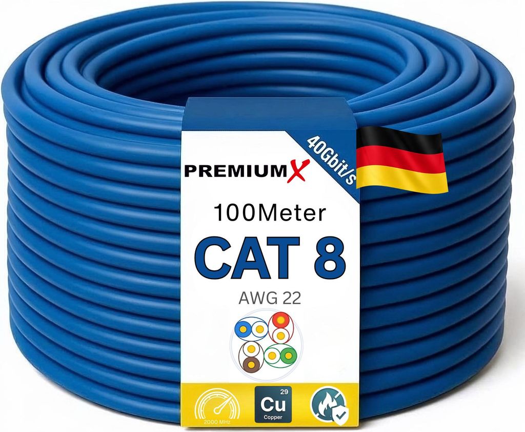PremiumX 100m CAT 8 Netzwerkkabel Simplex LAN Kabel Produktbild 