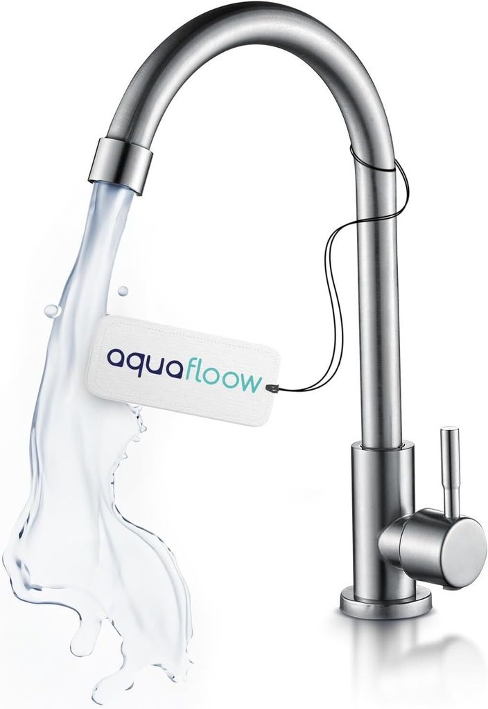 A stainless steel kitchen faucet with water flowing from it, and a small white device with text attached to the water stream.