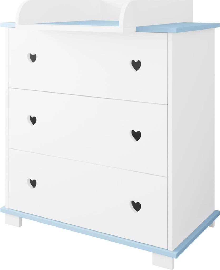 ZEE Wickelkommode 83 x 87 x 49 cm Weiß Blau HERZEN mit Wickelaufsatz 3 Schubladen Babykommode Kinderzimmer
