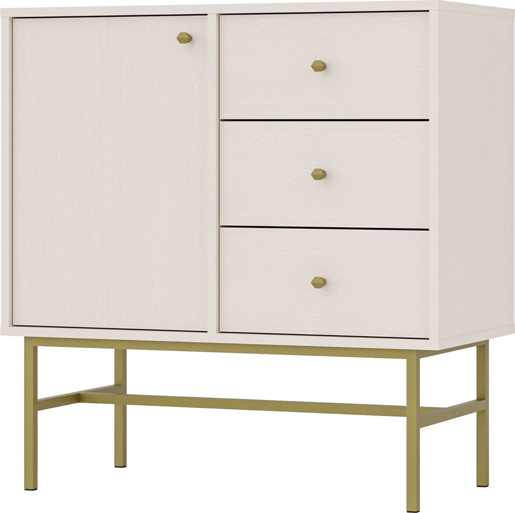 Masseno Kommode TORINO 84 cm Sideboard mit 3 Schubladen und 1 Türen für Wohnzimmer Schlafzimmer Modern 84x41x86 cm Beige / Beige