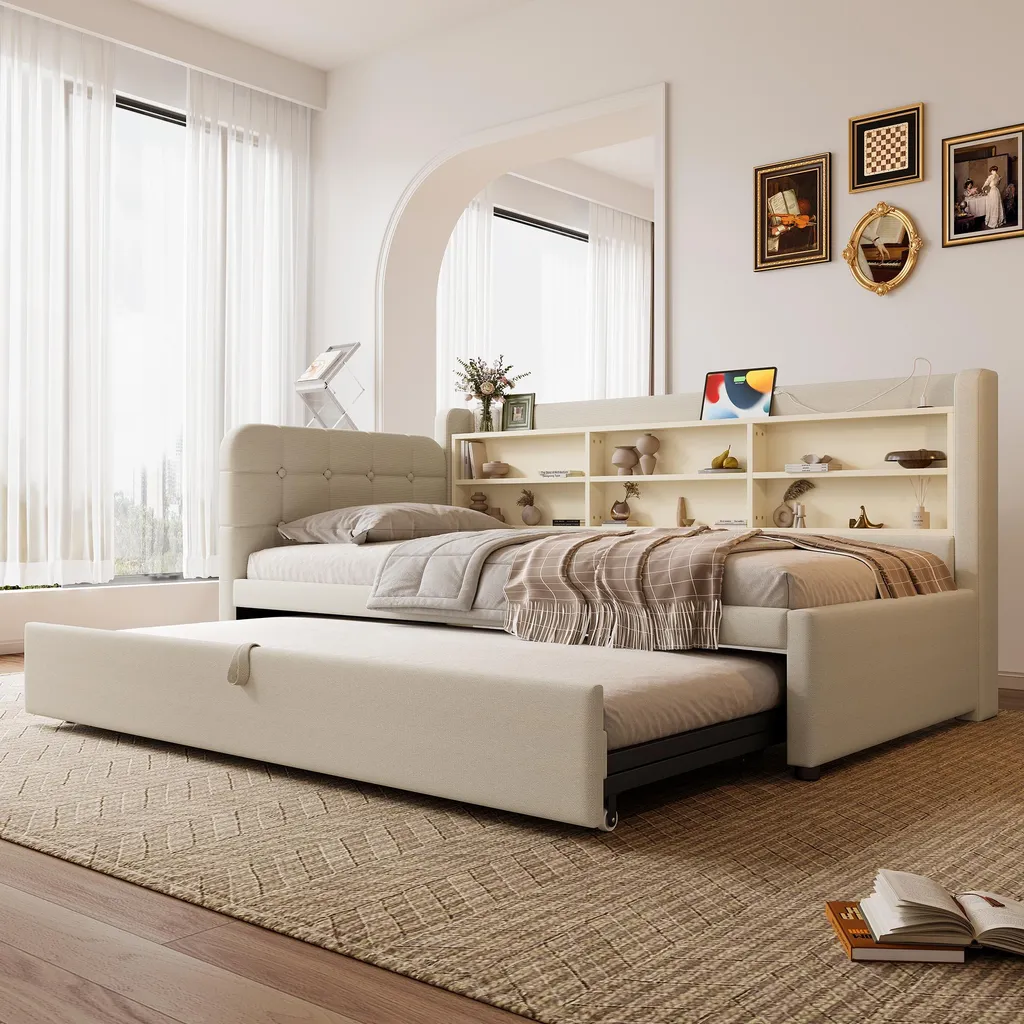 Merax Lit de jour 90x200cm avec lit gigogne en lin beige et USB C