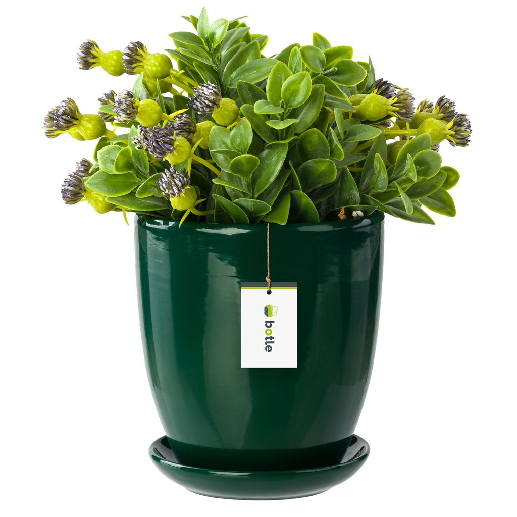 Blumentopf Blumenübertopf Flaschengrün Blumenschale mit Untersetzer Rund Glanz Keramik Modern Glamour H=16,5cm