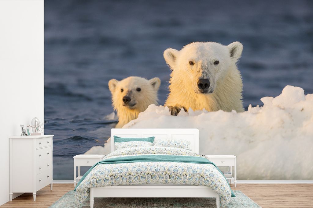 MuchoWow Fototapete für Wohnzimmer oder Schlafzimmer Wandtapete Vinyl Motivtapete Eisbär - Baby - Eisberg - 420x280 cm - Zimmer für Kinder