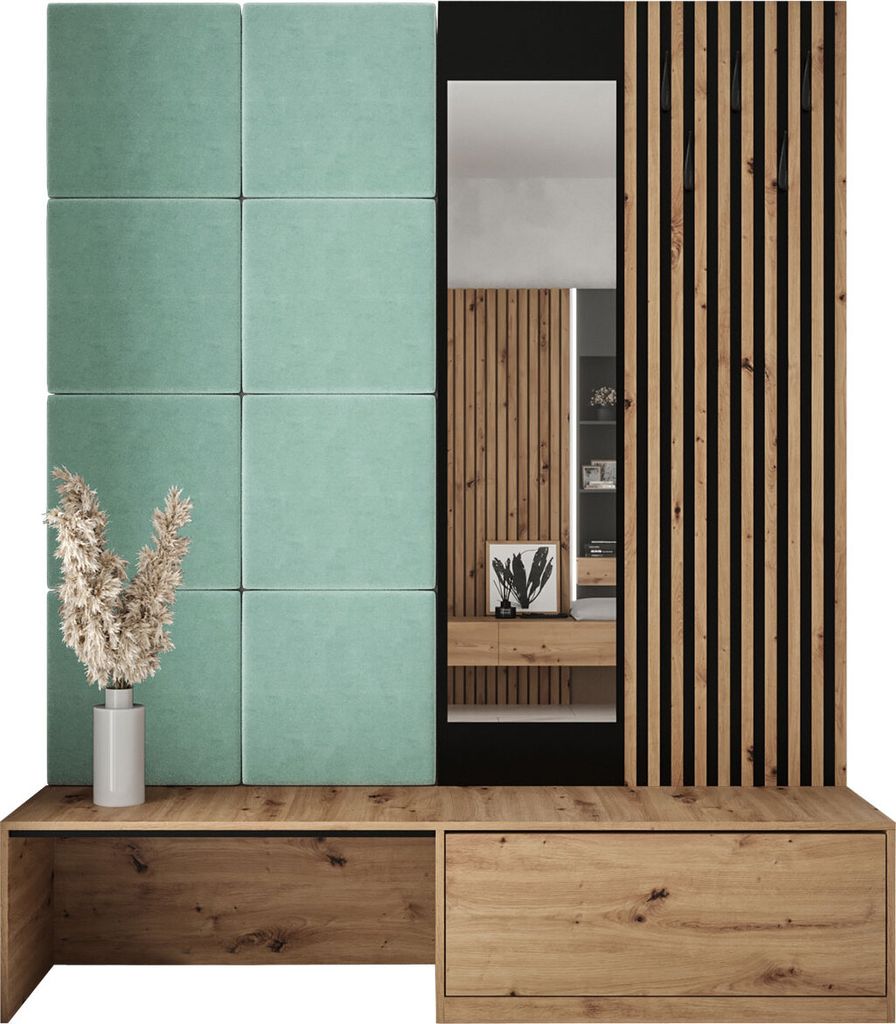 MIRJAN24 Garderoben-Set Premium, Garderobe mit 8x Wandpanel 42x42, Schuhschrank + Spiegel + Lamellen Paneel mit Kleiderhaken (Farbe: Artisan Eiche,...