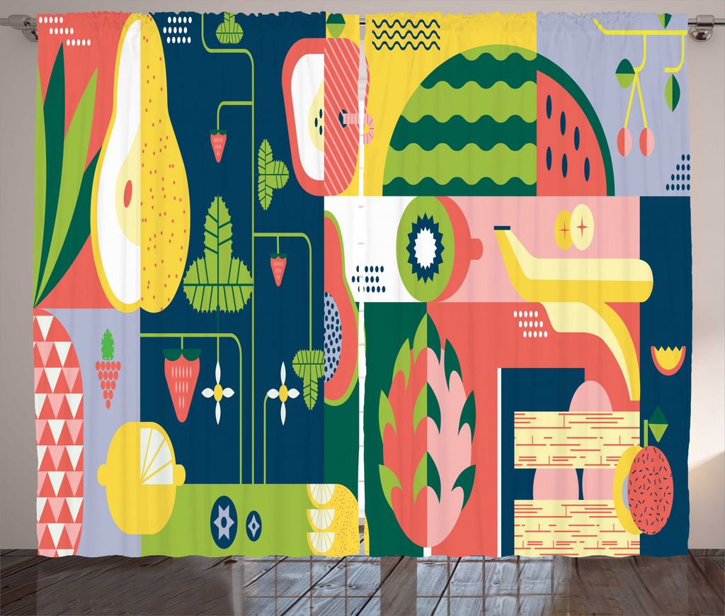 ABAKUHAUS Obst Rustikaler Gardine, Abstrakt Modern Food, Schlafzimmer Kräuselband Vorhang mit Schlaufen und Haken, 280 x 225 cm, Mehrfarbig
