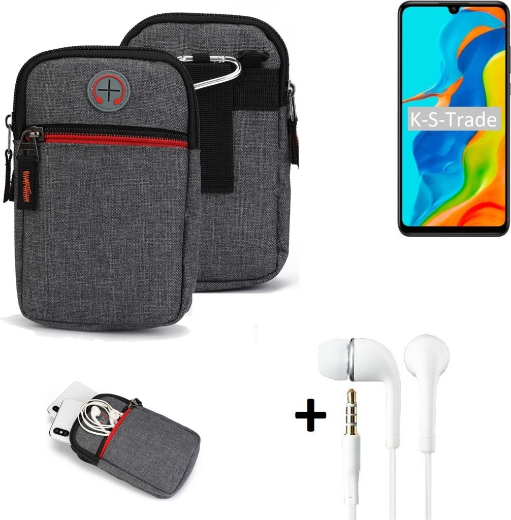 K-S-Trade Gürteltaasche + Kopfhörer kompatibel mit Huawei P30 lite New Edition Handy Tasche Holster Schutz Hülle Handy Hülle grau Zusatzfächer 1x
