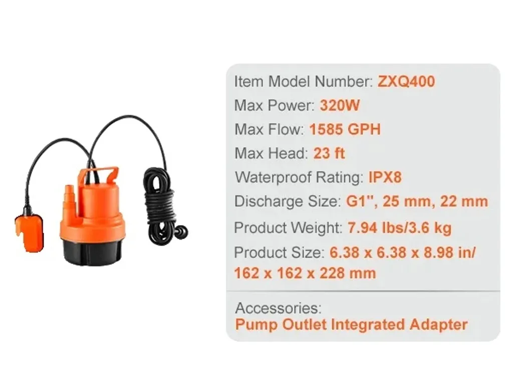 Pompe utilitaire 1585 GPH 320W pour vider piscine, cave et réservoir
