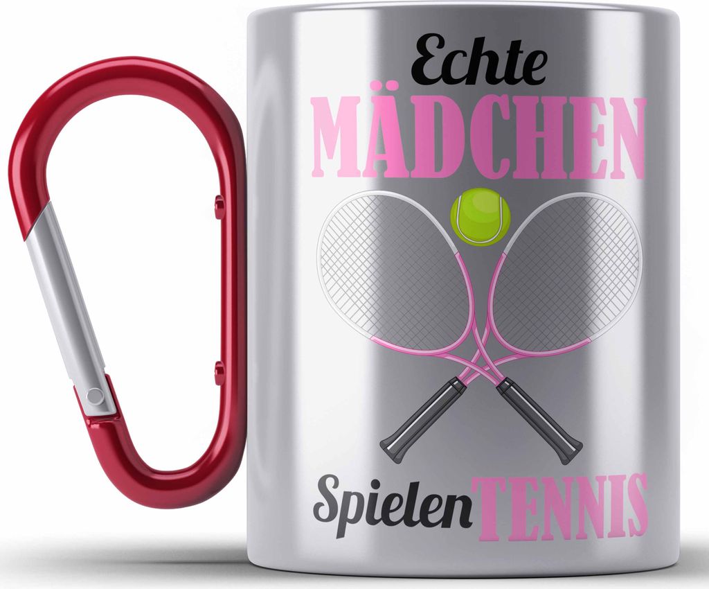 Trendation - Tennis Mädchen Frauen Geschenk Trainer Coach Tennisspielerin Geschenkidee Karabiner Edelstahl Tasse Karabiner Edelstahl (Rot)