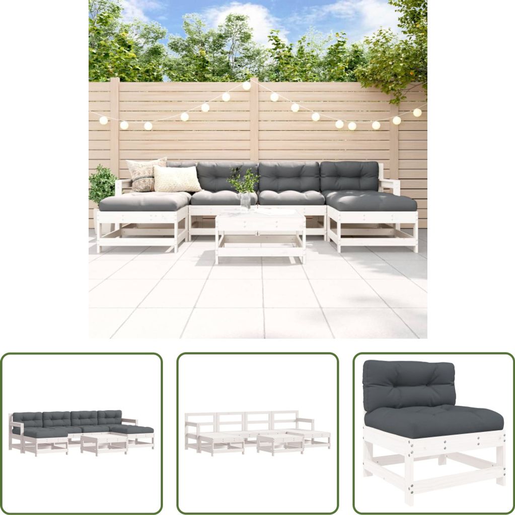 The Living Store 7-tlg. Garten-Lounge-Set mit Kissen Weiß Massivholz