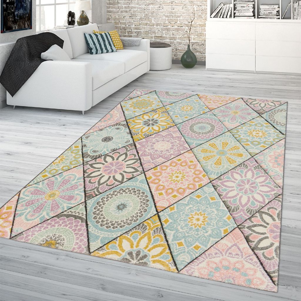 TT Home Teppich Bunt Wohnzimmer Blumen Mandala Retro Rauten Muster 3-D Design Kurzflor Größe 160x220 cm