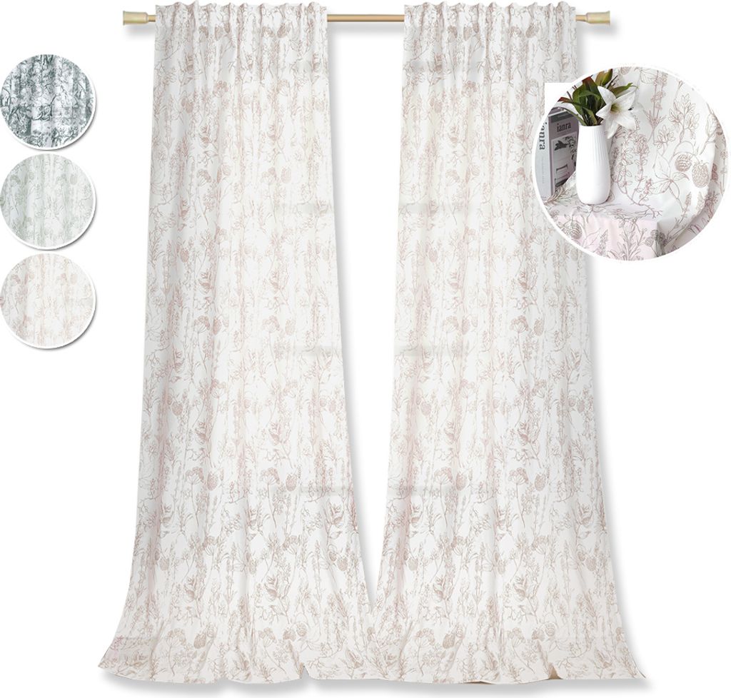 2er Set Weiß Vorhänge, Blickdicht Kräuselband Gedruckt Vorhang, Baumwolle Gardine Für Wohnzimmer Schlafzimmer, 132x160cm