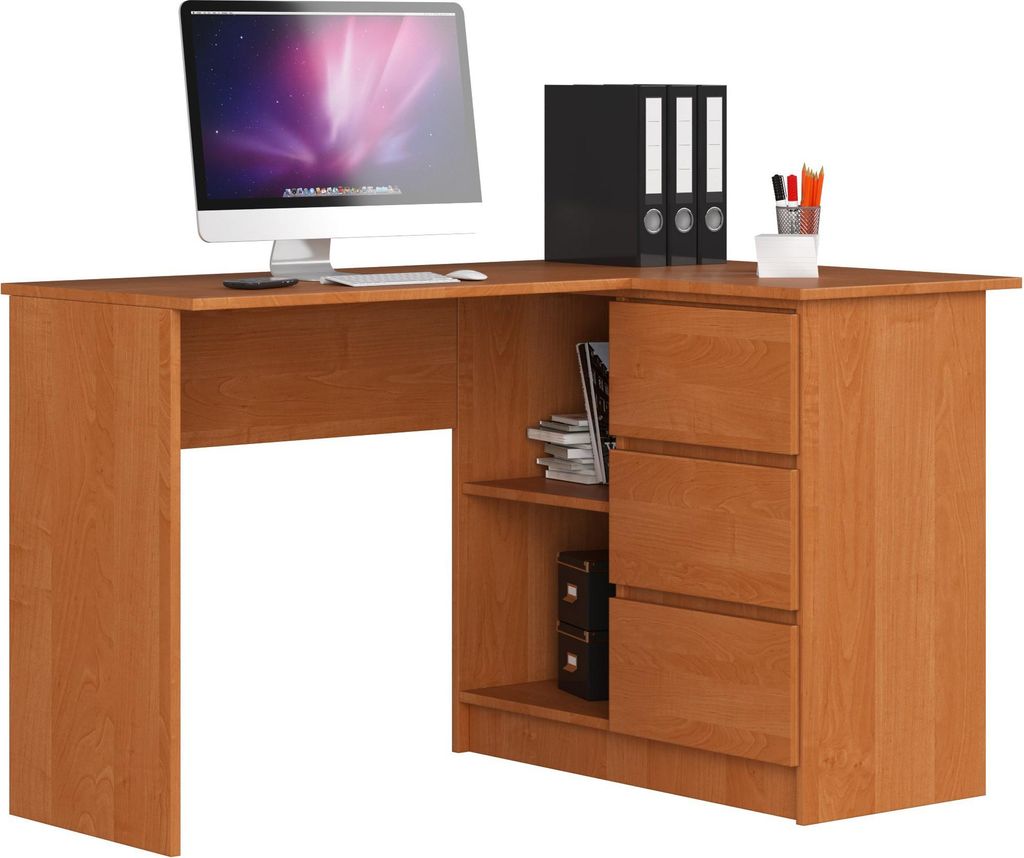 Eckschreibtisch – Büro Eckschreibtisch – Eck Computertisch – Bürotisch – 124 cm – Braun – Funktionaler Bürotisch mit drei Schubladen