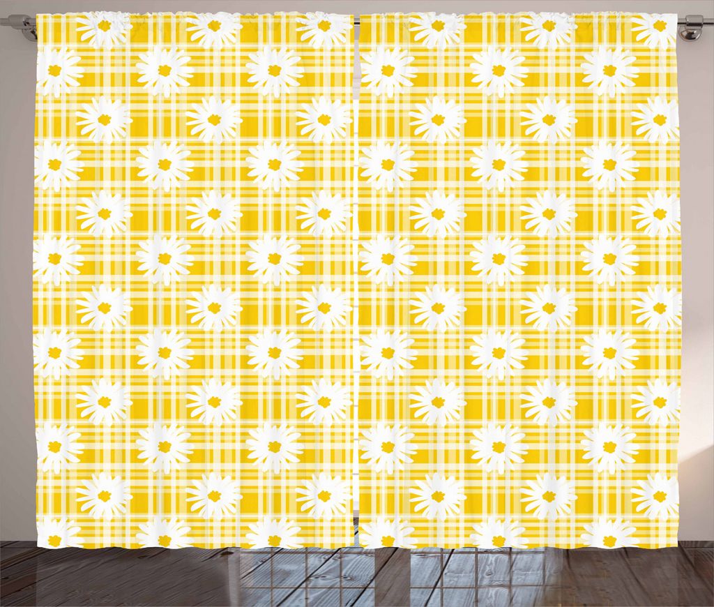 ABAKUHAUS Gänseblümchen Rustikaler Vorhang, Blume auf Gingham-Muster, Wohnzimmer Universalband Gardinen mit Schlaufen und Haken, 280 x 225 cm, Se...
