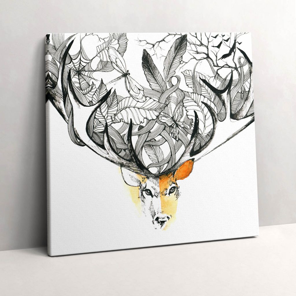 Animals and nature illustration - deer – Leinwandbild Wandbild – 60x60 cm – Leinwandbilder – Wandbilder – Schlafzimmer – Flur