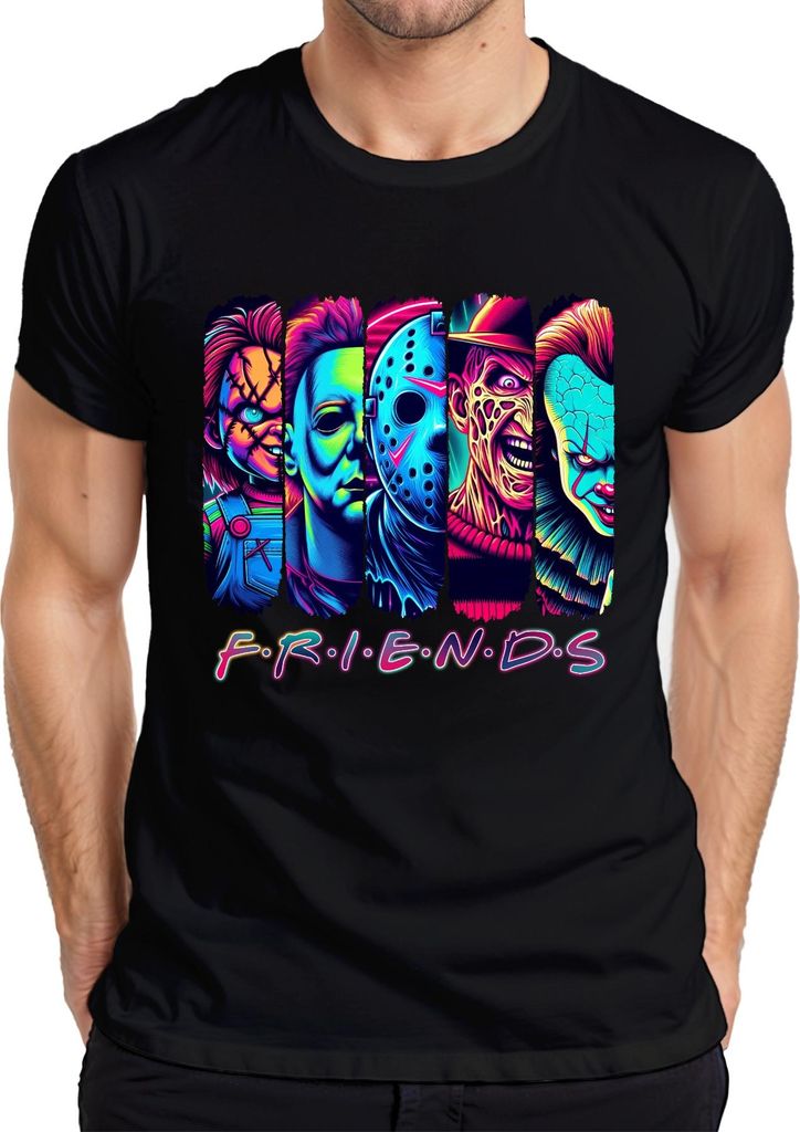 Horror Friends Neon Chucky Michael Myers Jason Freddy Pennywise Herren T-Shirt, Schwarz, L