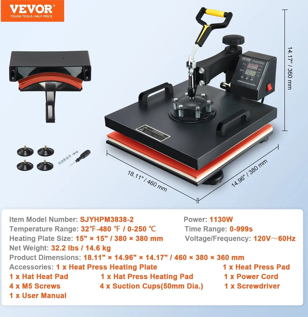 Presse textile pivotante 360° 1500W - Haute température Max 250 °C - 7