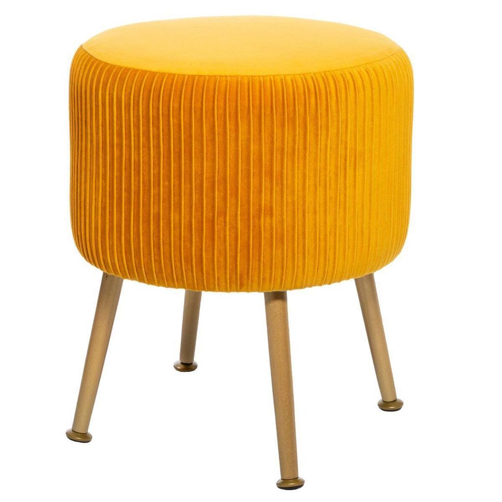A yellow velvet stool with wooden legs on a white background.
