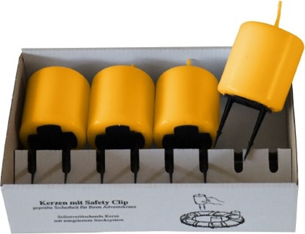 4er Set Adventskerzen, Stumpenkerzen mit Safety Clip und Kerzenstecker (Haltekrallen) Honig Natur 8 x ? 5 cm