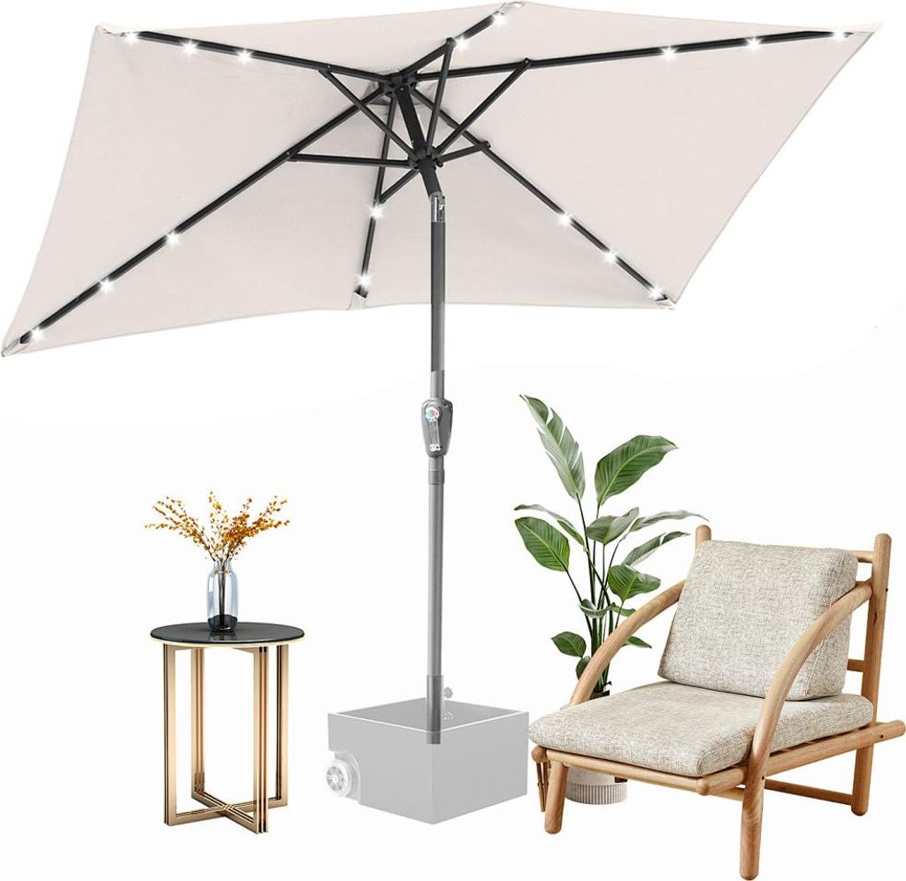 Izrielar 140x210m Sonnenschirm UV50+ Neigbar Sonnenschutz Gartenschirm Strandschirm LED Solar, knickbar, Schirmtuch mit PA-Beschichtung, Beige