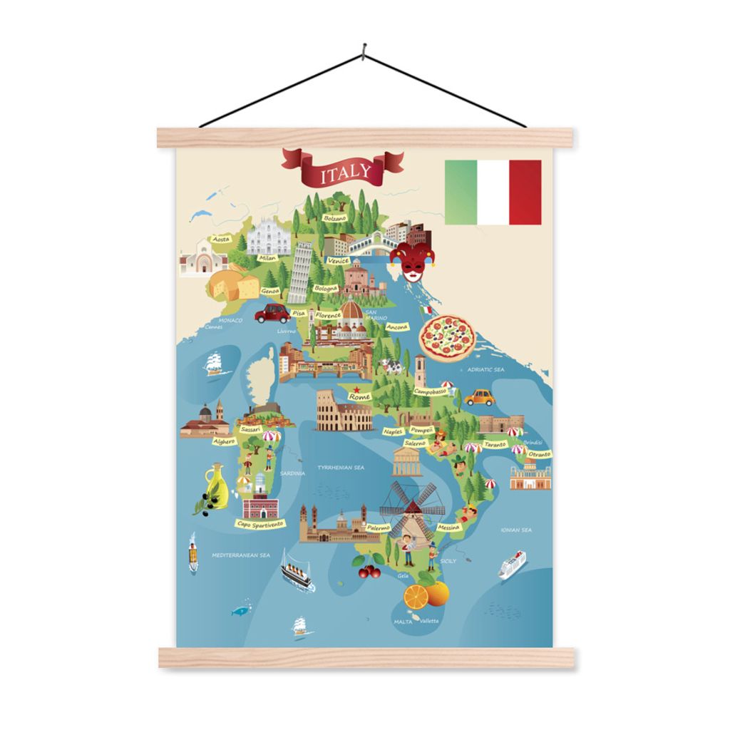 MuchoWow Textilposter Karte - Italien - Illustration 40x53 cm mit holzfarbenen Rahmen - Schlafzimmer