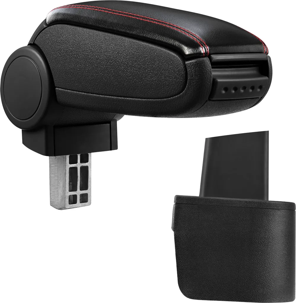 [Bracciolo centrale, perfetto per Nissan Micra (terza generazione - K12), anni 2003 - 2010 - bracciolo con vano portaoggetti - rivestito - Similcuoio nera con cuciture rosse