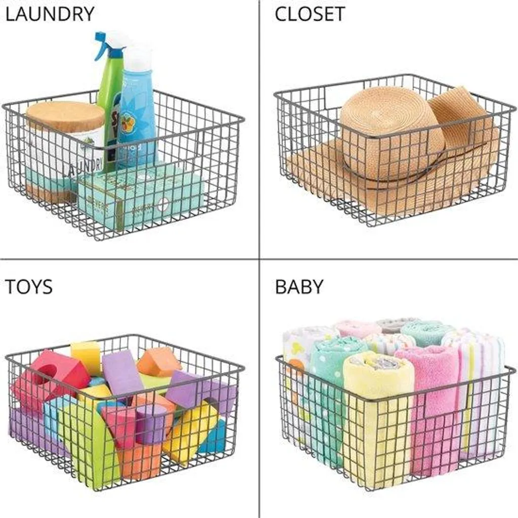 Panier de rangement en métal gris lot de 4 bacs compacts pour étagère
