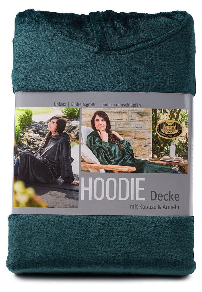 Gözze Hoodie-Decke mit Kapuze, Strickbündchen am Ärmel und seitlichen Schlupftaschen, 73x120 cm, dunkelgrün