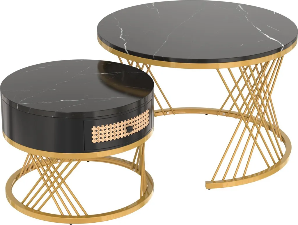Table de Salon Ronde en Marbre et Bois avec Double Plateau de Rangement